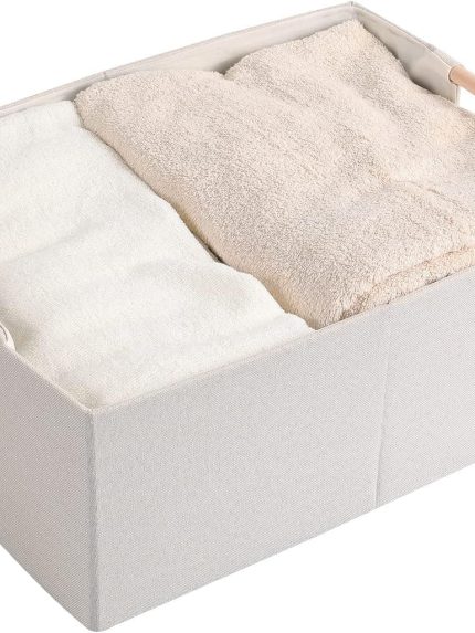 Fabric Storage Bin Box Foldable Cotton Linen Storage Basket with Wooden Handles Rectangular Cube Decorative Home Laundry Organizer Clothes Blanket Container - Beige, Medium