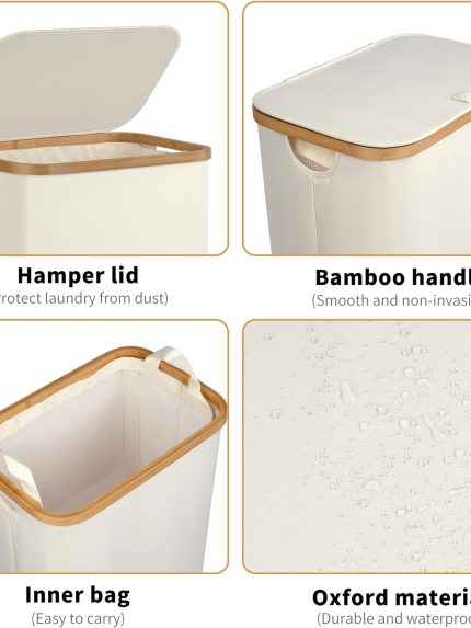 Slim Laundry Hamper, Narrow Laundry Basket with Lid,Foldable Clothes Hamper with Bamboo Handles,Hamper Basket with Removable Inner Bag for Laundry Room Bedroom College Dorm,75L Pink